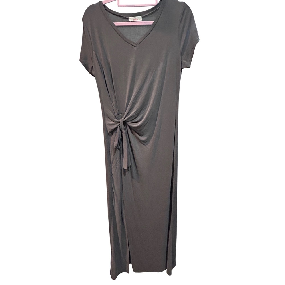 Hummingbird Maxi Dress Women Large Gray Good Tie Waist V Neck‎ Knit Short Sleeve